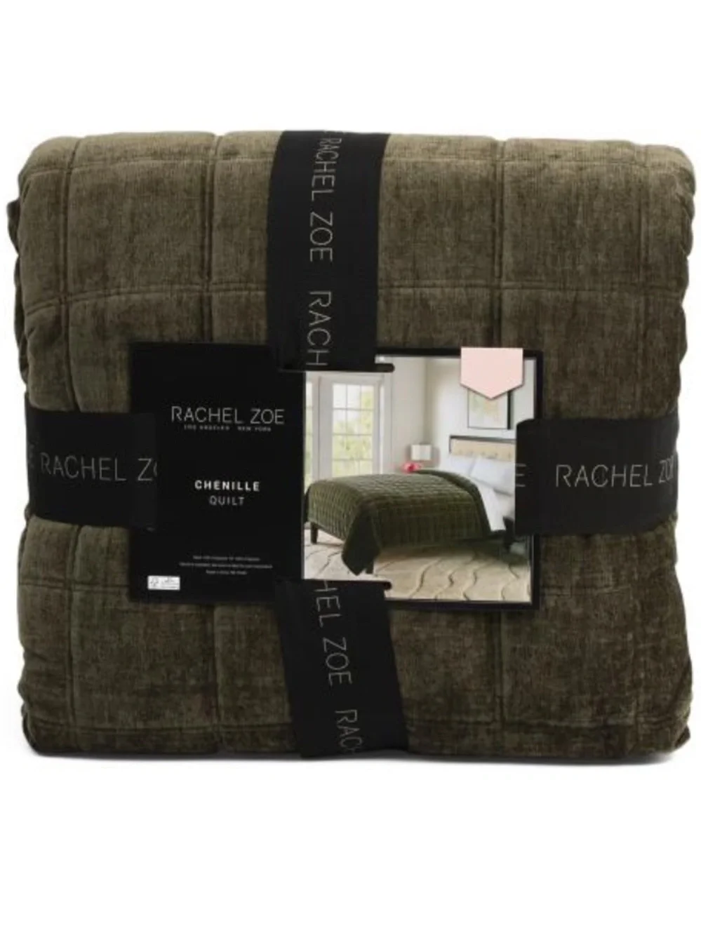 Rachel Zoe Olive Green Chenille Quilt - Textured Grid Design